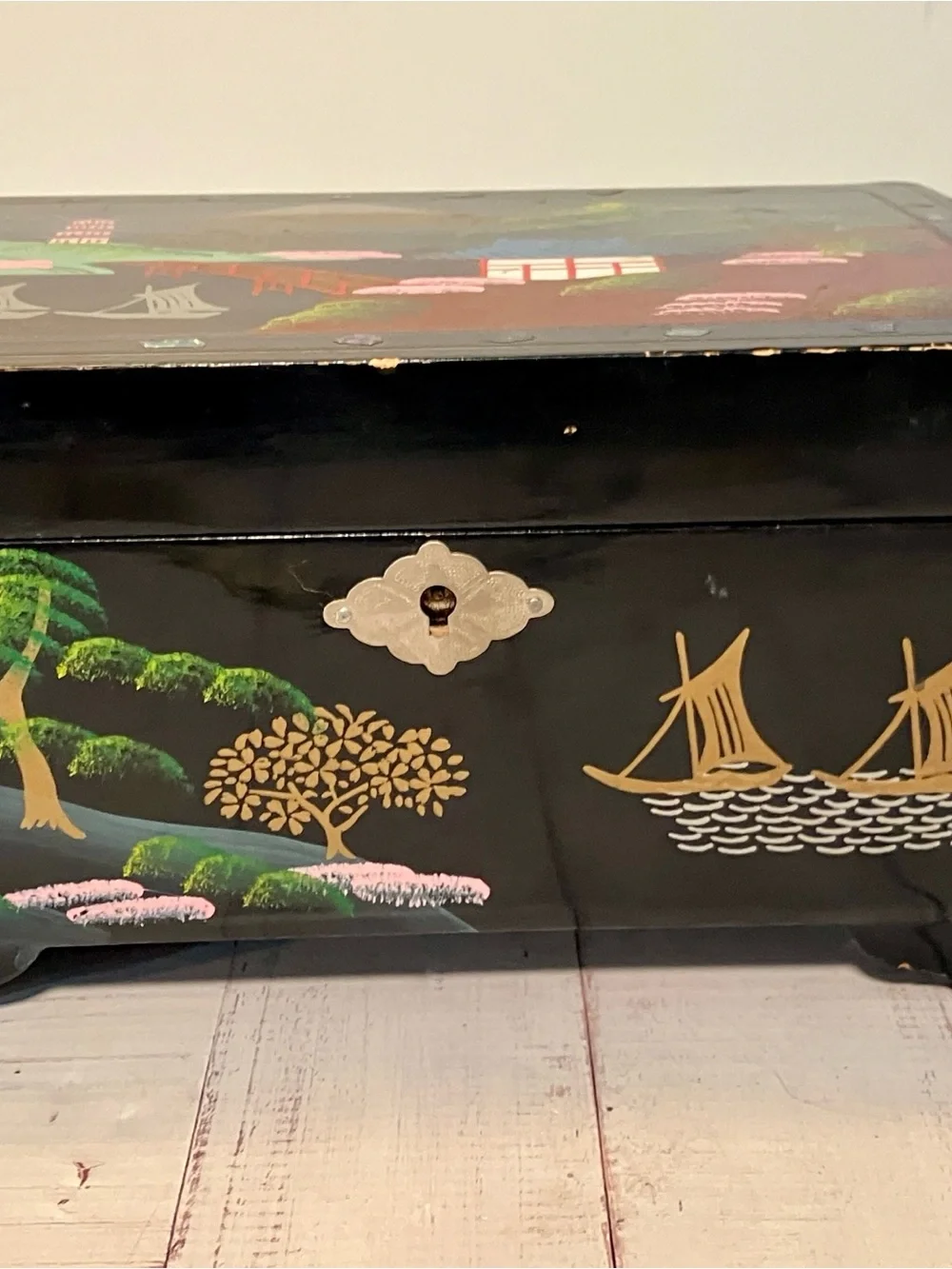 Vintage 70s 80s Japan Style Musical Jewelry Box Cherry Blossom Wood Inlay TLC